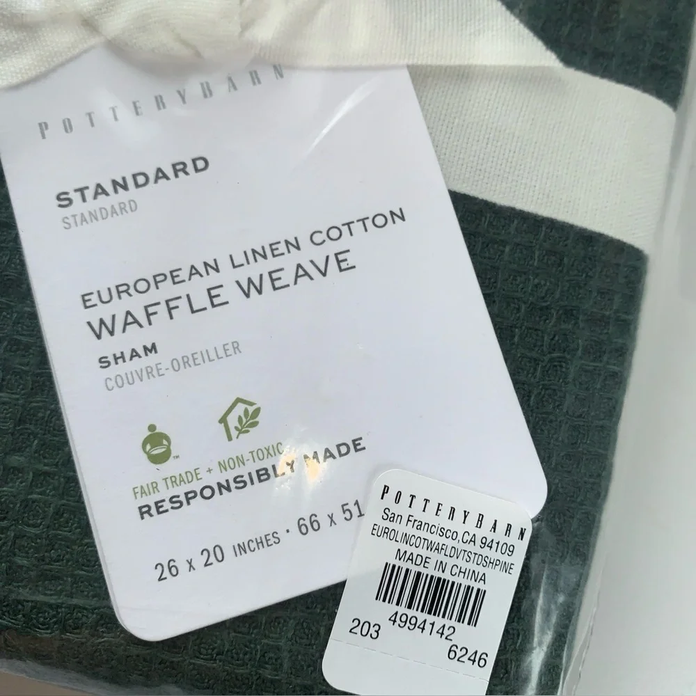 POTTERY BARN European Linen Cotton Waffle Weave Pine Green Standard Sham 26x20”